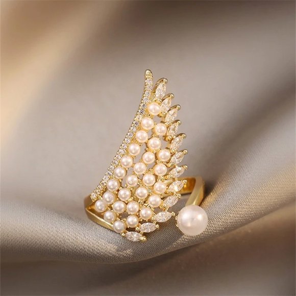 luxury pearl zircon stylish and unusual jewelry opening adjustable ring - Picture 3 of 6